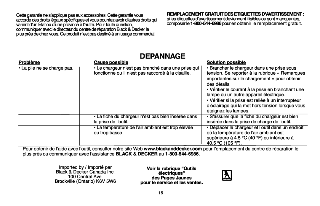 Black & Decker GSL35 instruction manual Depannage, Problème, Cause possibl, Solution possible 