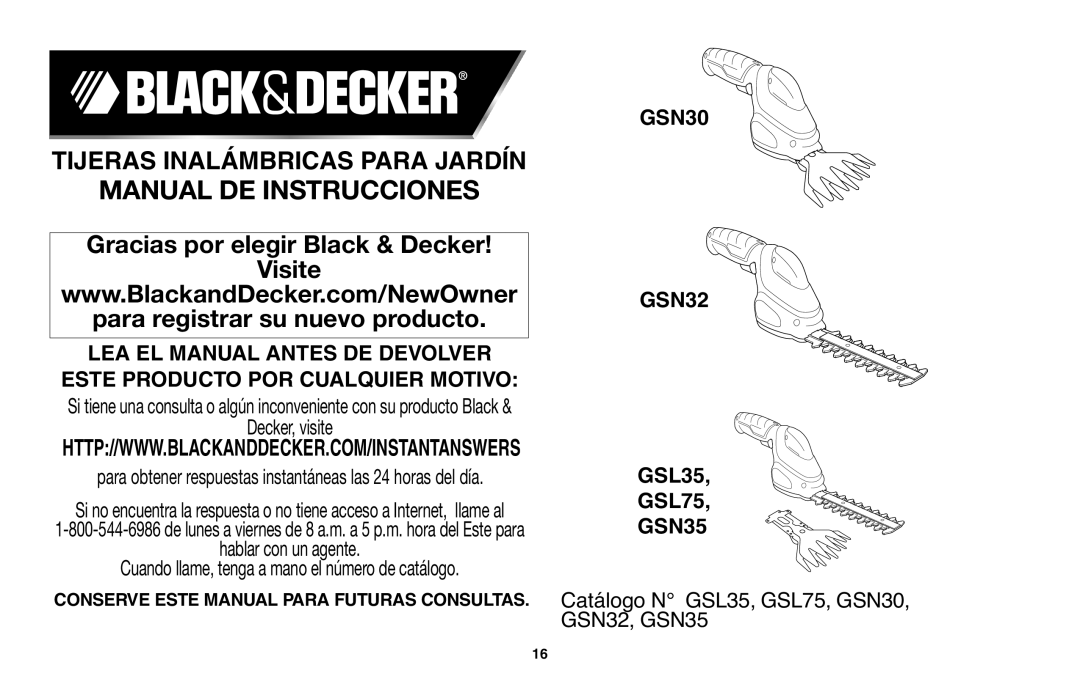 Black & Decker GSL35 Manual De Instrucciones, Tijeras Inalámbricas Para Jardín, Gracias por elegir Black & Decker Visite 