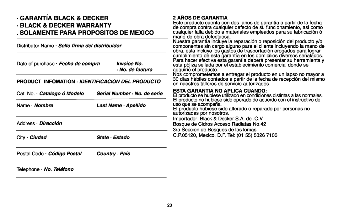 Black & Decker GSL35 · Garantía Black & Decker · Black & Decker Warranty, Solamente Para Propositos De Mexico 
