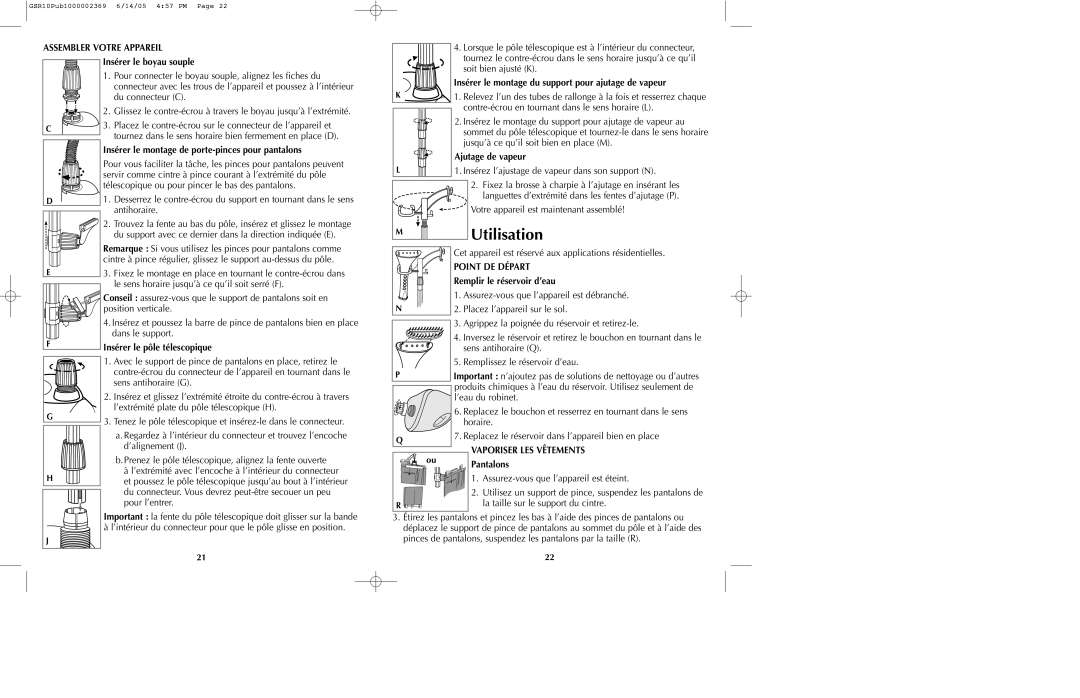 Black & Decker GSR10 manual Utilisation, Assembler Votre Appareil, Point DE Départ, Vaporiser LES Vêtements 