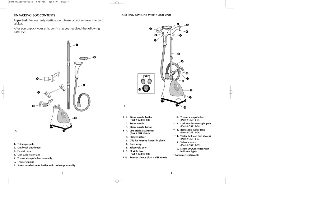 Black & Decker GSR10 manual Unpacking BOX Contents 