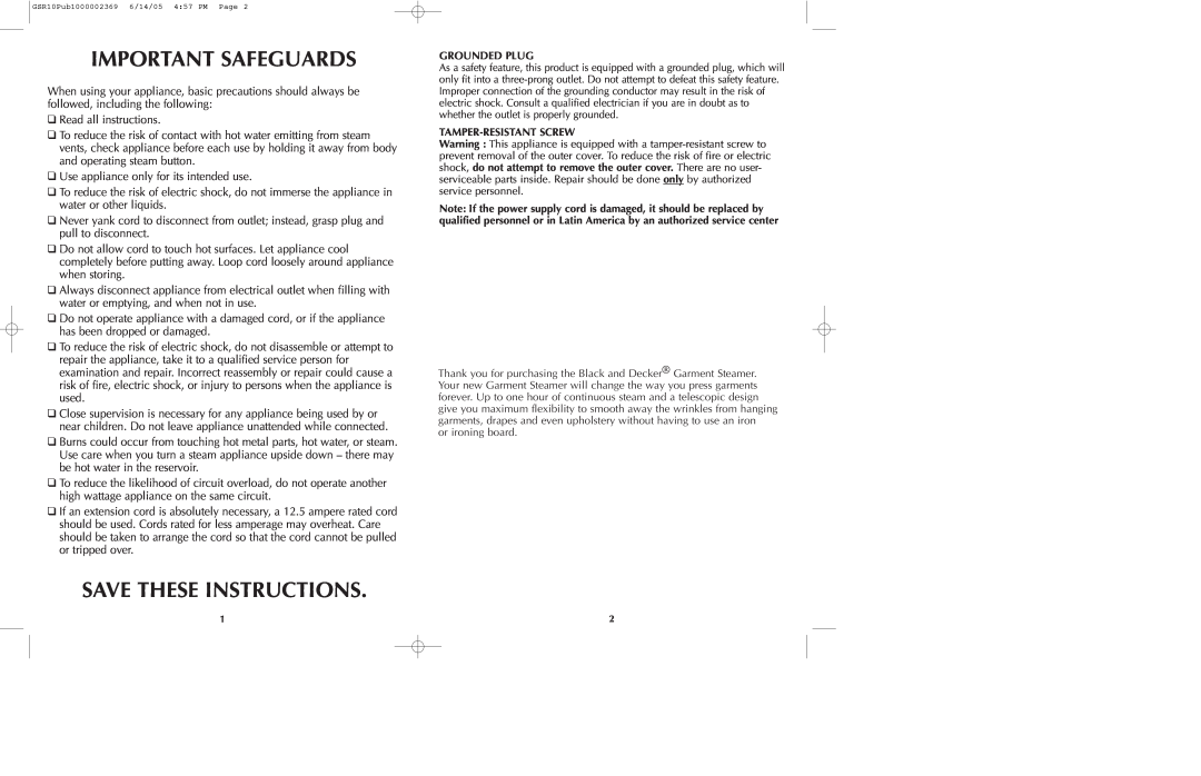 Black & Decker GSR10 manual Important Safeguards, Save These Instructions, Grounded Plug, Tamper-Resistantscrew 