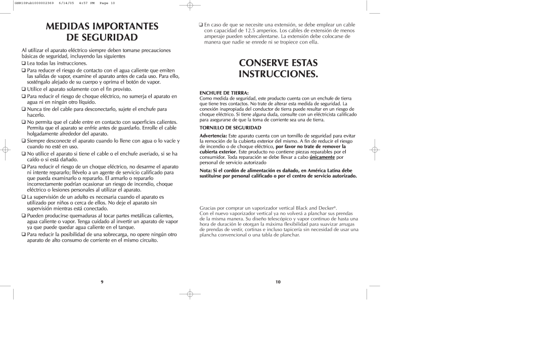 Black & Decker GSR10 manual Medidas Importantes De Seguridad, Conserve Estas Instrucciones, Enchufe De Tierra 