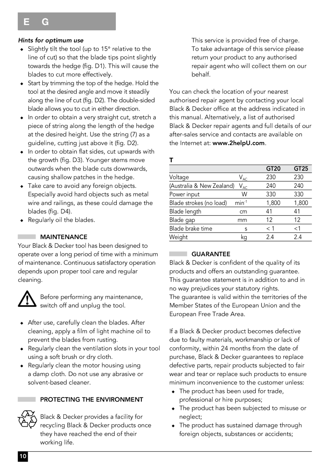 Black & Decker GT251, GT250, GT259, GT252, GT261 Hints for optimum use, Maintenance, Protecting the Environment, Guarantee 