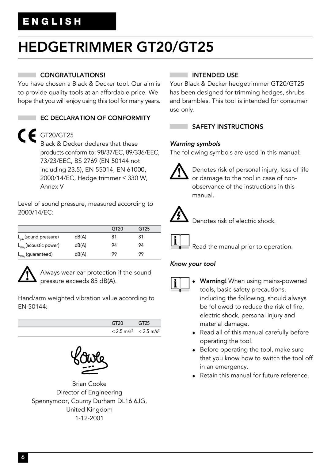 Black & Decker GT260 Congratulations, EC Declaration of Conformity, Intended USE, Safety Instructions, Know your tool 