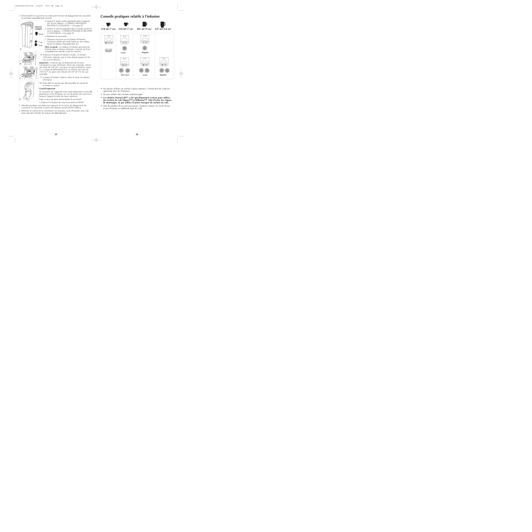 Black & Decker GT300 manual Conseils pratiques relatifs à linfusion, 218 ml 7 oz 218 ml 7 oz 281 ml 9 oz 437 ml 14 oz 