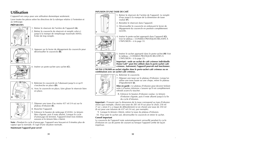 Black & Decker GT305. GT320 manual Utilisation, Infusion Dune Tasse DE Café, Préparatifs 