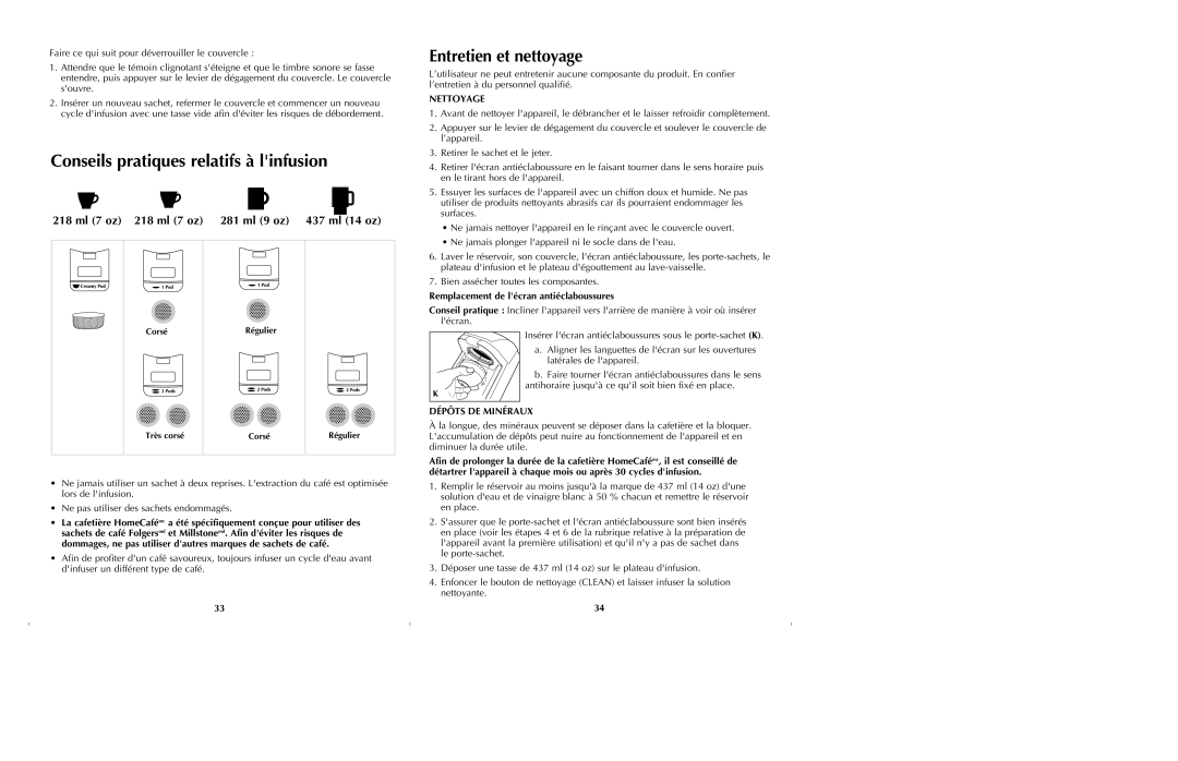 Black & Decker GT305. GT320 Conseils pratiques relatifs à linfusion, Nettoyage, Remplacement de lécran antiéclaboussures 