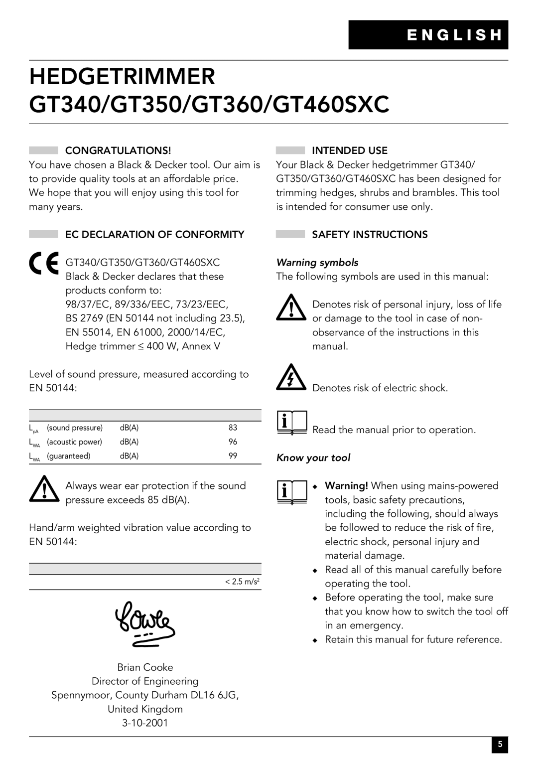 Black & Decker GT340 Congratulations, EC Declaration of Conformity, Intended USE, Safety Instructions, Know your tool 