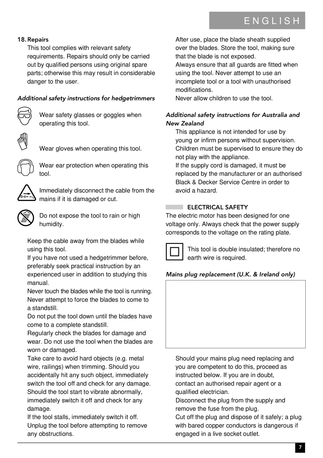 Black & Decker GT340 manual Additional safety instructions for hedgetrimmers, Electrical Safety 