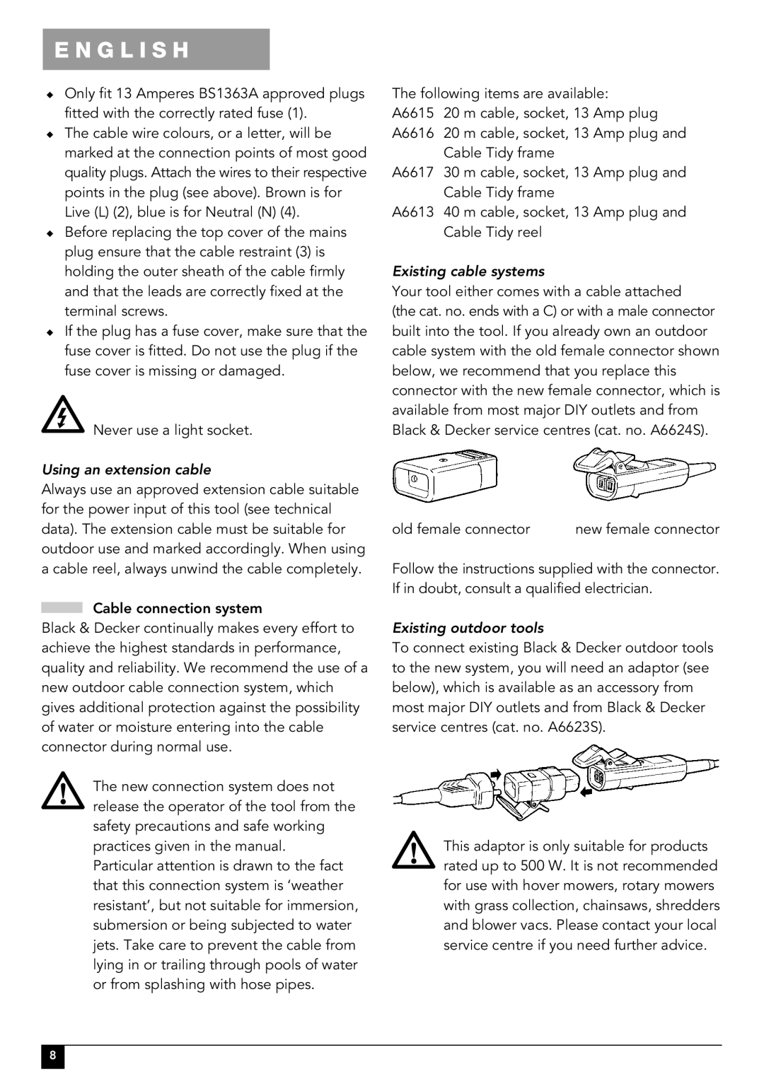 Black & Decker GT340 manual Using an extension cable, Existing cable systems, Existing outdoor tools 