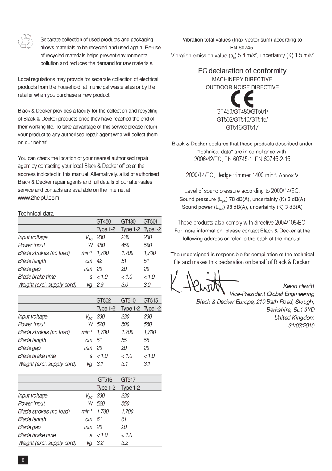 Black & Decker GT450 manual EC declaration of conformity, 2000/14/EC, Hedge trimmer 1400 min-1, Annex 