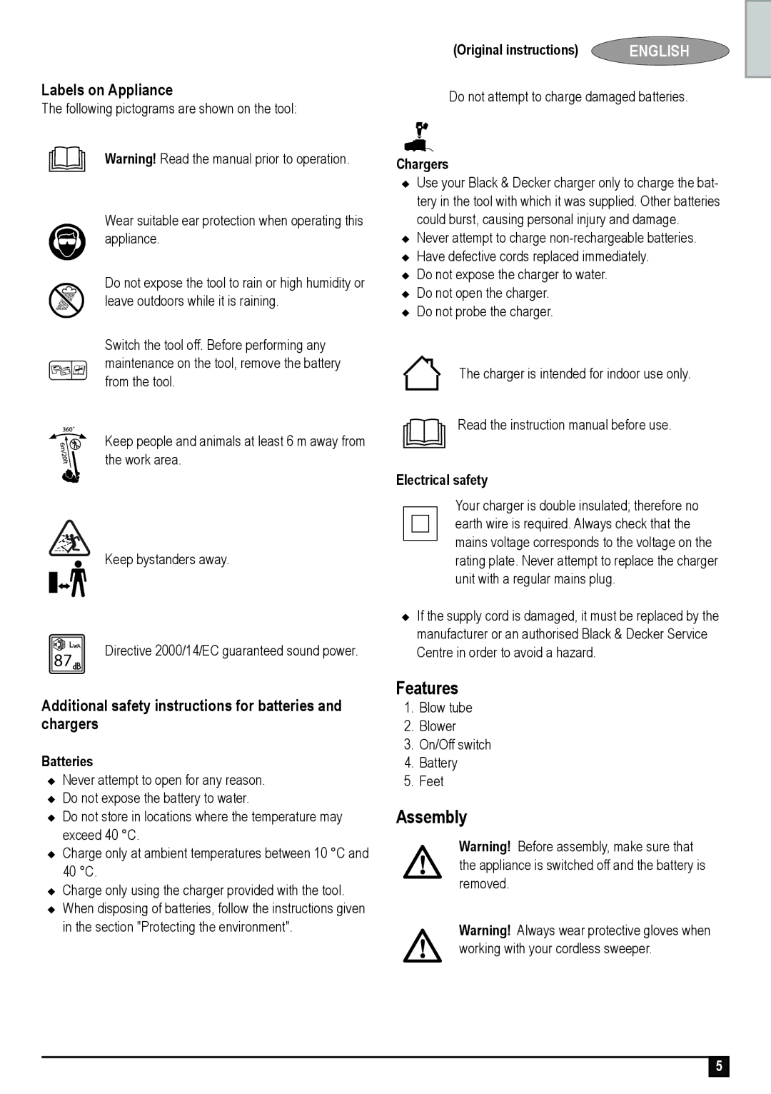 Black & Decker GWC1800L manual Features, Labels on Appliance, Additional safety instructions for batteries and chargers 