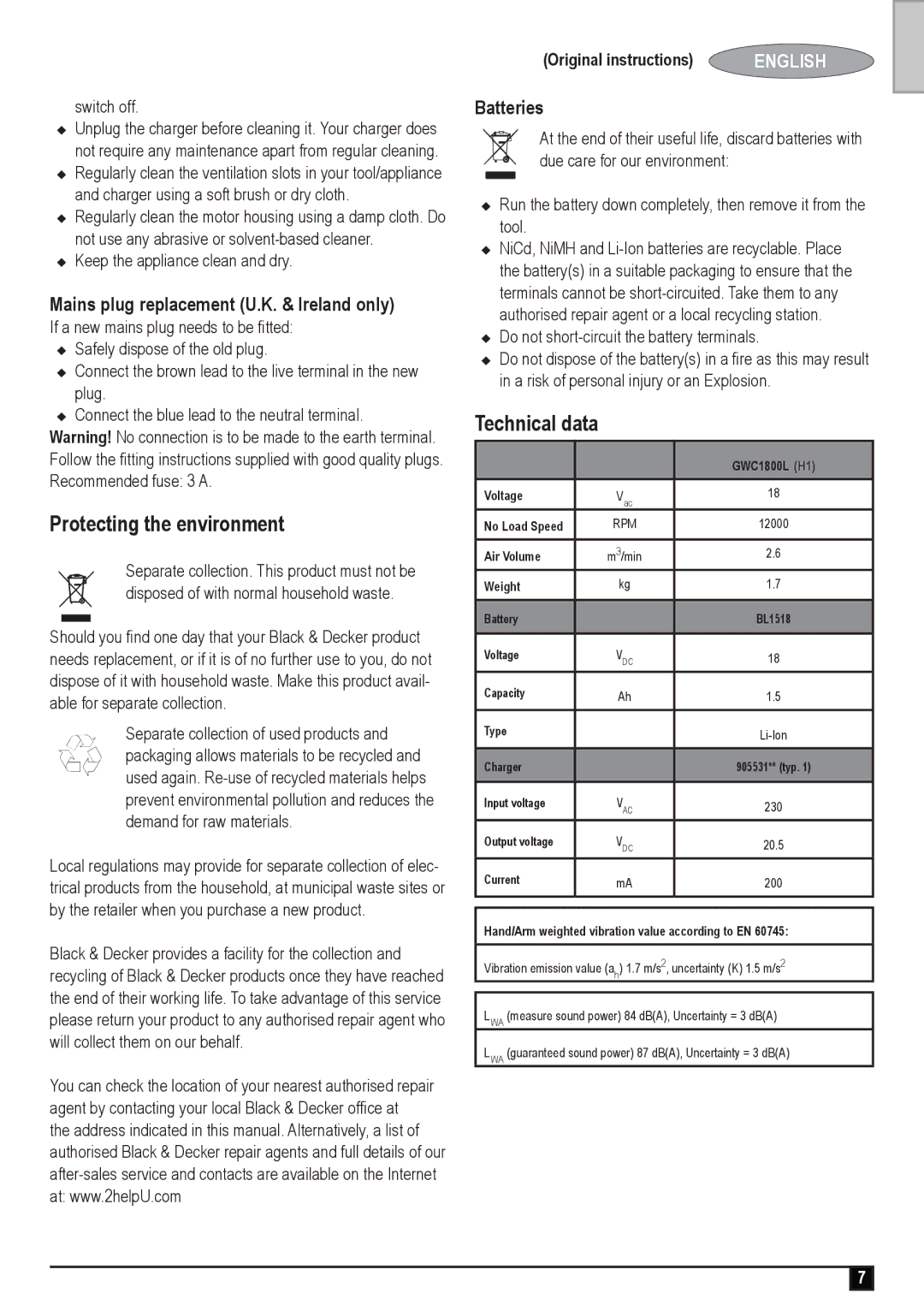 Black & Decker GWC1800L manual Protecting the environment, Technical data, Mains plug replacement U.K. & Ireland only 