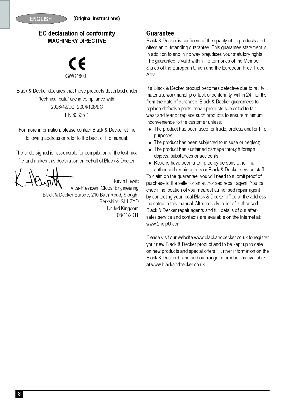 Black & Decker GWC1800L manual EC declaration of conformity, Guarantee, Machinery Directive, English 