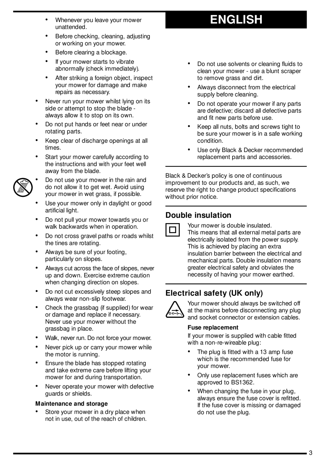 Black & Decker GX302 manual Double insulation, Electrical safety UK only 