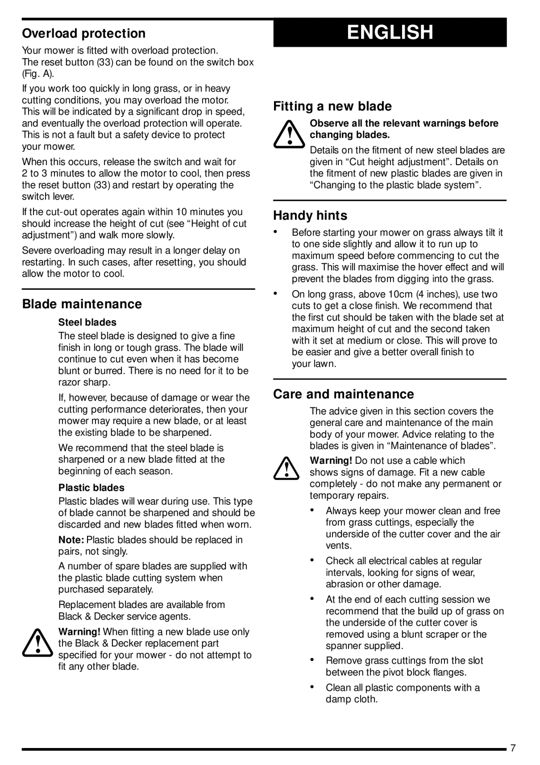 Black & Decker GX302 manual Overload protection, Blade maintenance, Fitting a new blade, Handy hints, Care and maintenance 