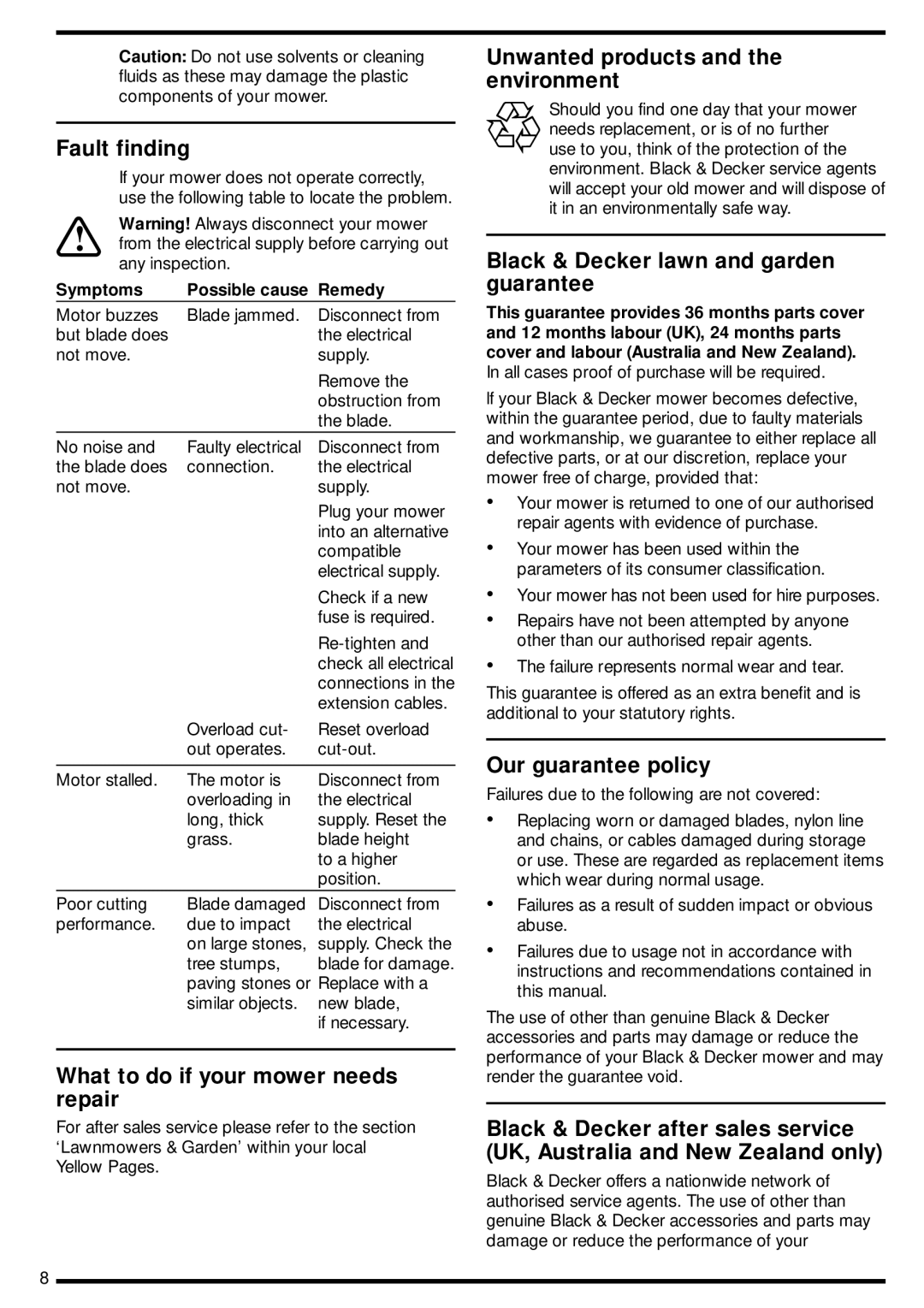 Black & Decker GX302 manual Fault finding, What to do if your mower needs repair, Unwanted products and the environment 