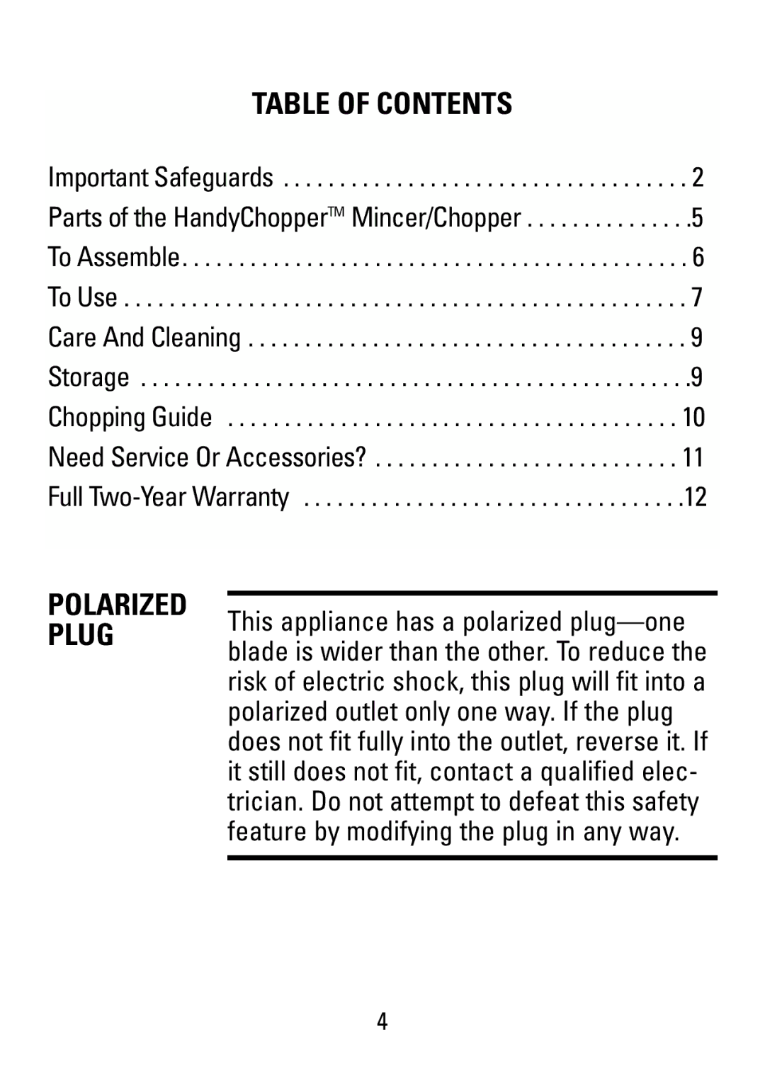 Black & Decker HC20 manual Table of Contents 