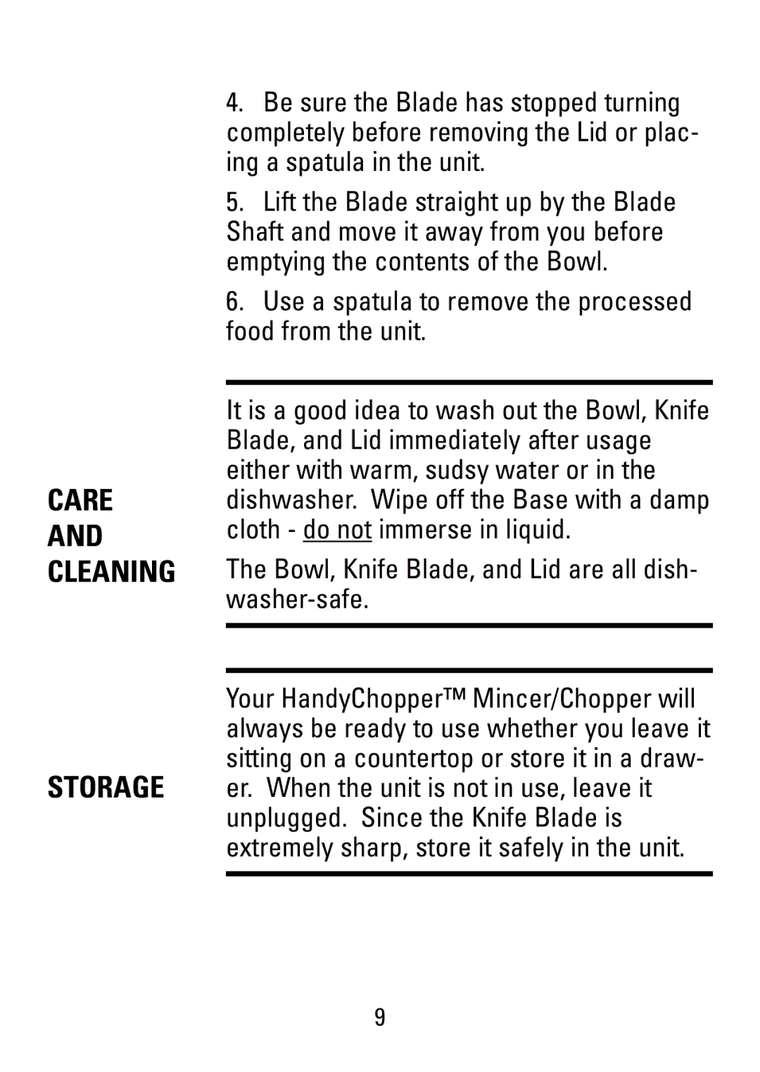 Black & Decker HC20 Ing a spatula in the unit, Lift the Blade straight up by the Blade, Emptying the contents of the Bowl 