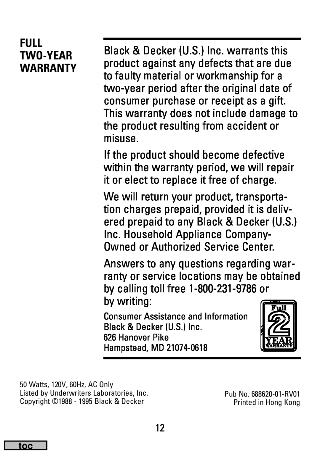 Black & Decker HC20 manual by writing, Full Two-Year Warranty 