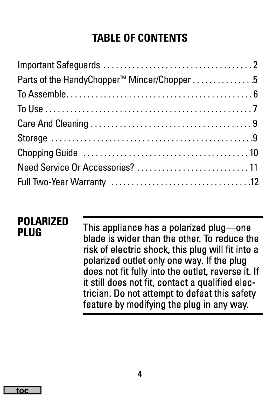 Black & Decker HC20 manual Table Of Contents, Polarized Plug 