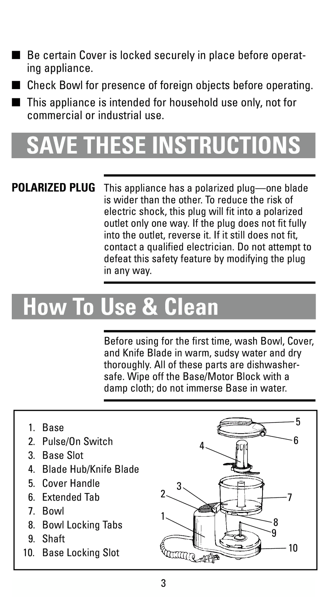 Black & Decker HC2000 manual How To Use & Clean, Check Bowl for presence of foreign objects before operating 