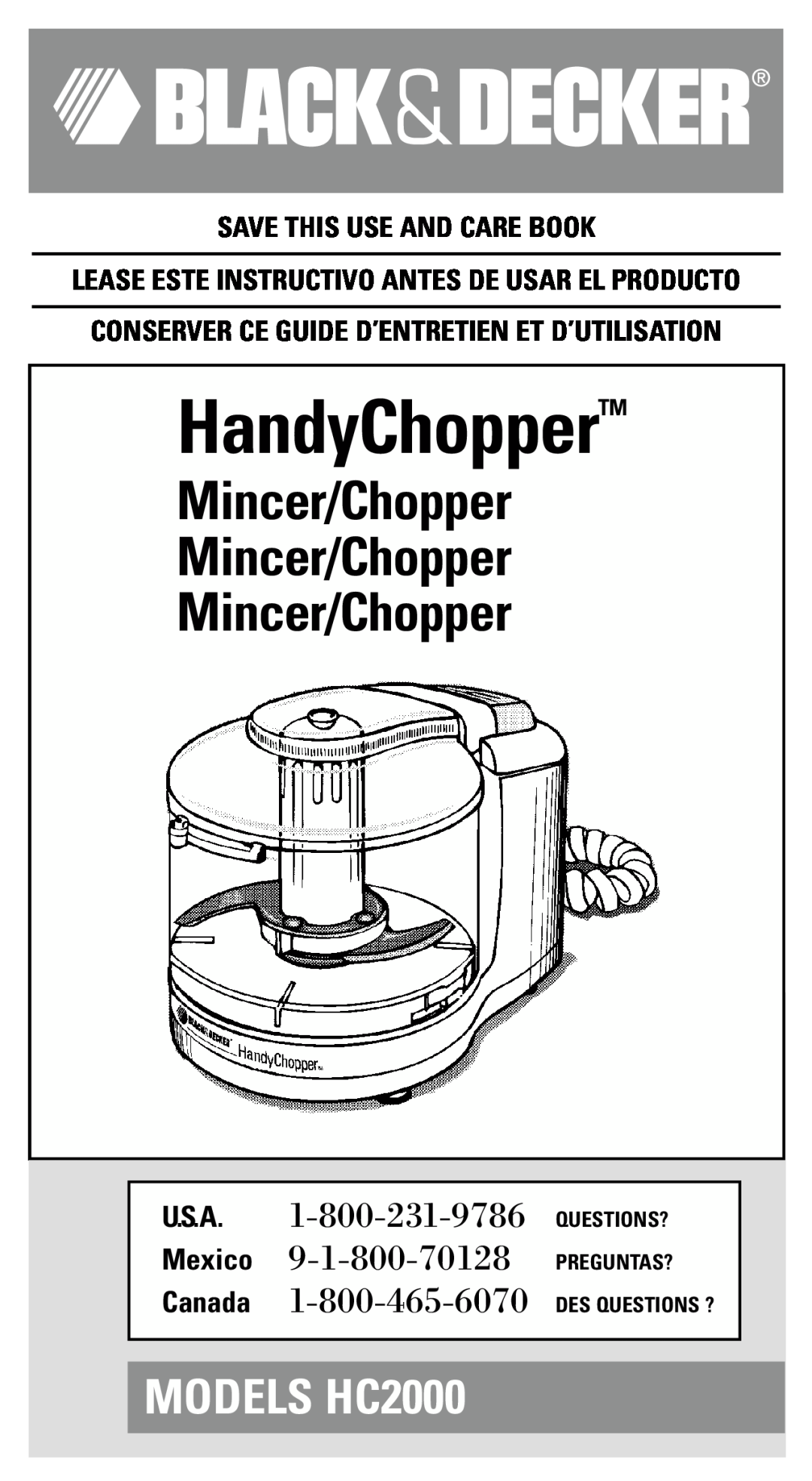 Black & Decker HC2000 manual U.S.A Mexico Canada, HandyChopperTM, Mincer/Chopper Mincer/Chopper Mincer/Chopper 