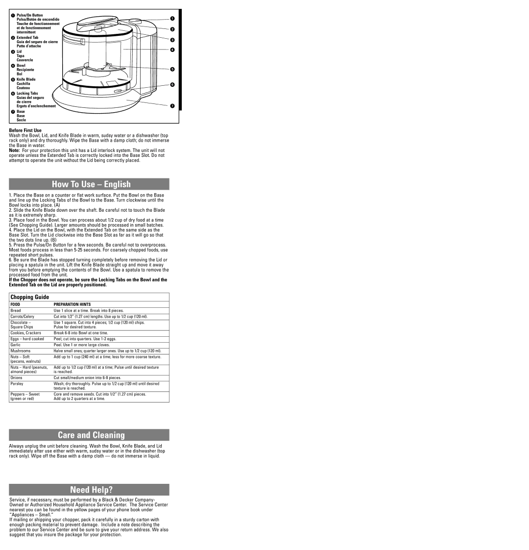 Black & Decker HC21 warranty How To Use English, Care and Cleaning, Need Help?, Chopping Guide, Before First Use 