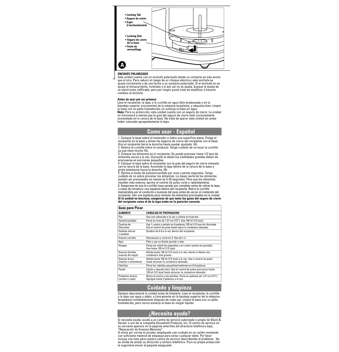 Black & Decker HC21 warranty Como usar Español, Cuidado y limpieza, ¿Necesita ayuda?, Guía para Picar, Enchufe Polarizado 