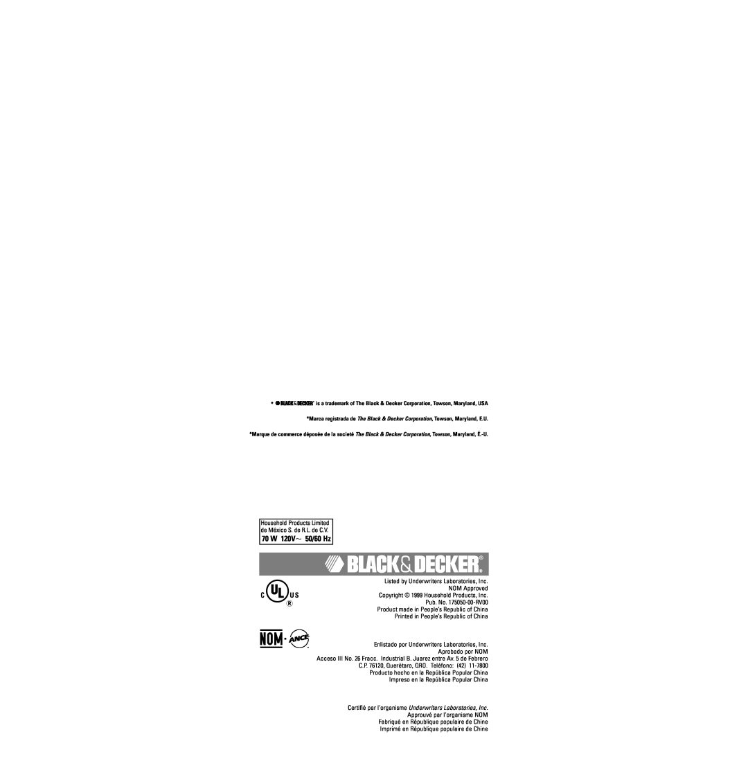 Black & Decker HC21 70 W 120V 50/60 Hz, Listed by Underwriters Laboratories, Inc NOM Approved, Pub. No. 175050-00-RV00 