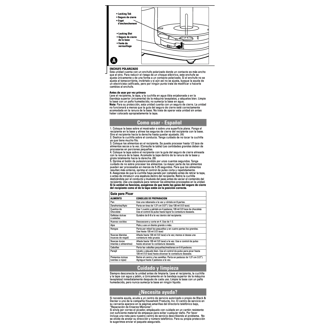Black & Decker HC21 warranty Como usar - Español, Cuidado y limpieza, ¿Necesita ayuda?, Guía para Picar, Enchufe Polarizado 