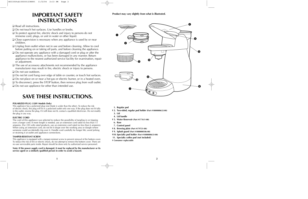 Black & Decker HCC70C, HCC100C, HCC75, HCC155C Important Safety Instructions, Polarized Plug 120V Models Only, Electric Cord 