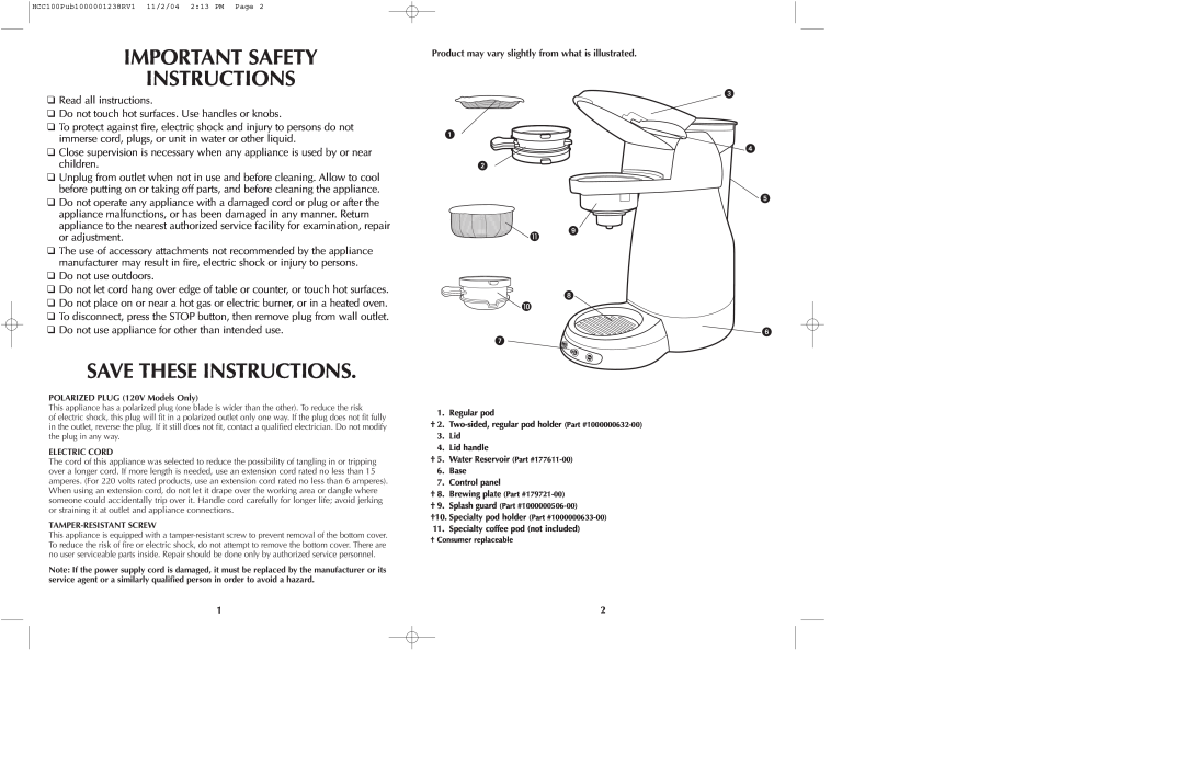 Black & Decker HCC70C, HCC100C, HCC75, HCC155C, AM8C, AM7C manual Important Safety Instructions, Save These Instructions 