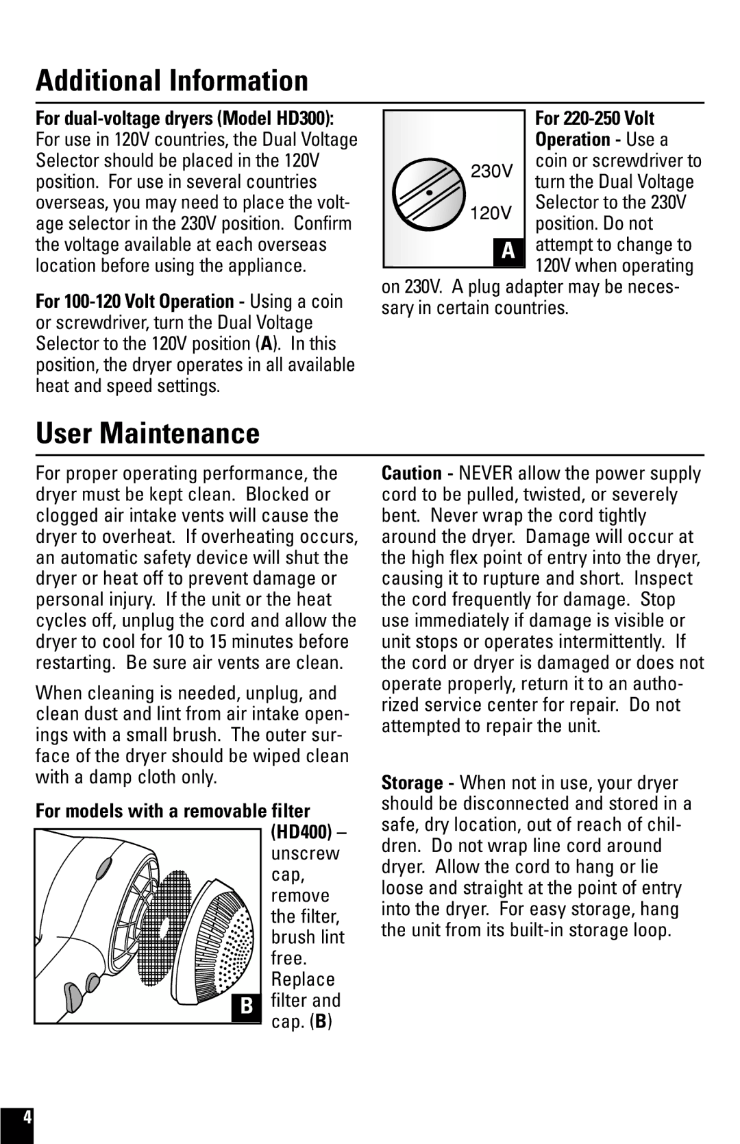 Black & Decker HD200, HD400 manual Additional Information, User Maintenance, For 220-250 Volt 