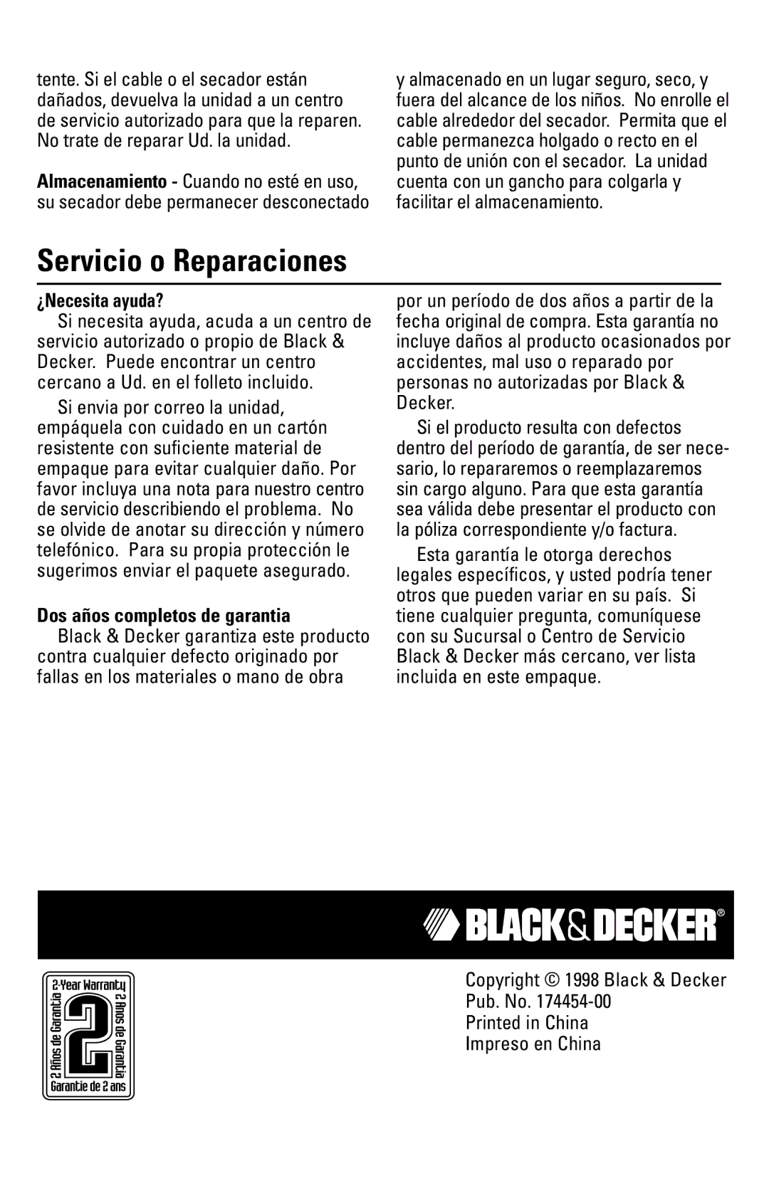 Black & Decker HD200, HD400 manual Servicio o Reparaciones, ¿Necesita ayuda?, Dos años completos de garantia 