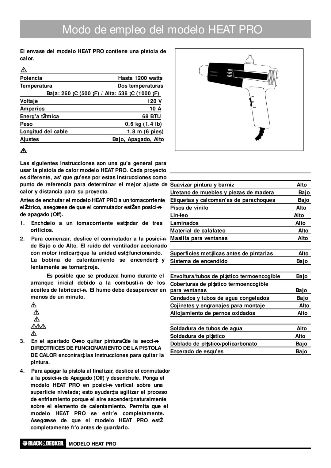 Black & Decker HEAT PRO DELUXE, HEAT PRO PLUS, HOT AIR TOOL instruction manual Modo de empleo del modelo Heat PRO 