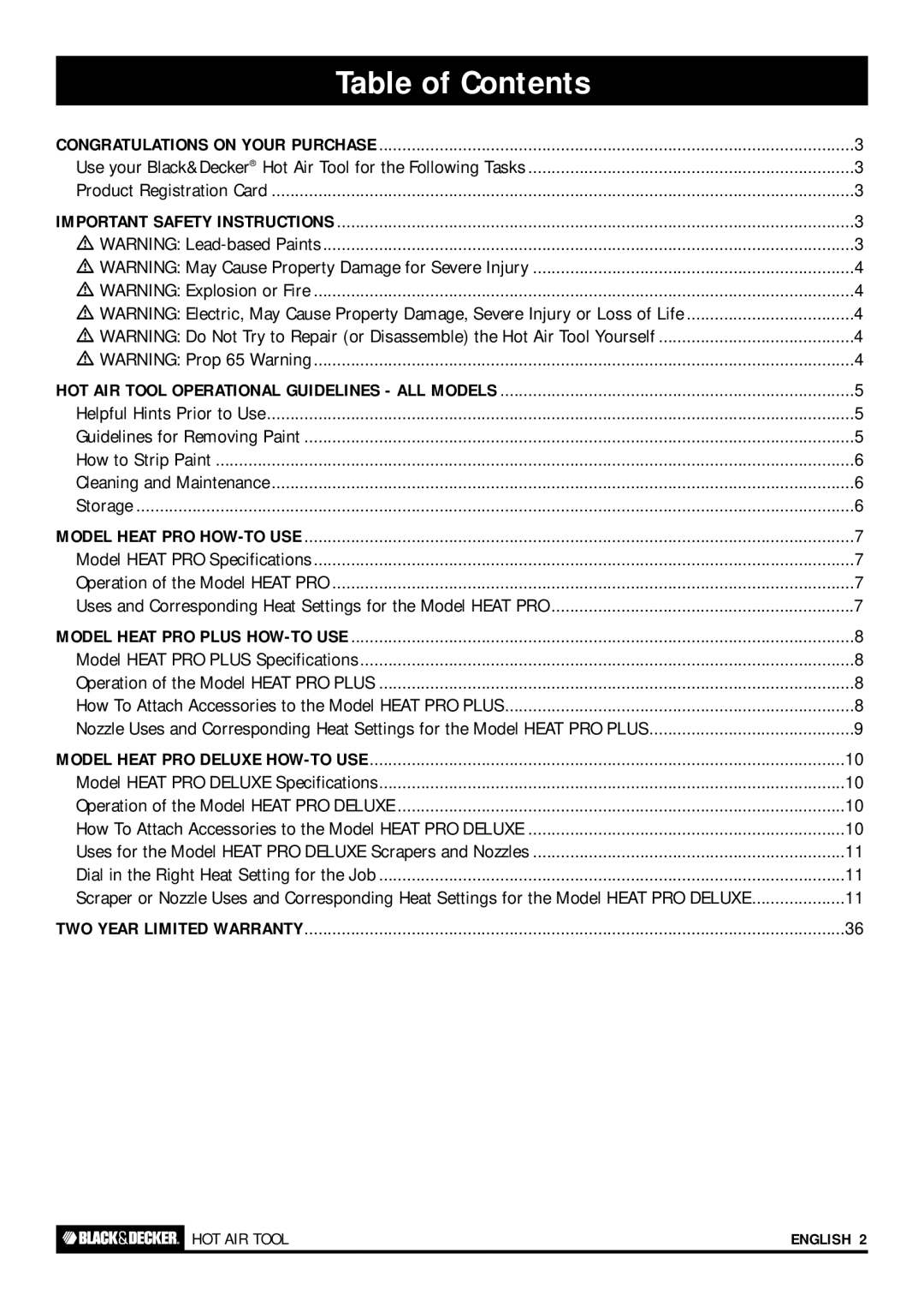 Black & Decker HEAT PRO DELUXE, HEAT PRO PLUS, HOT AIR TOOL instruction manual Table of Contents 