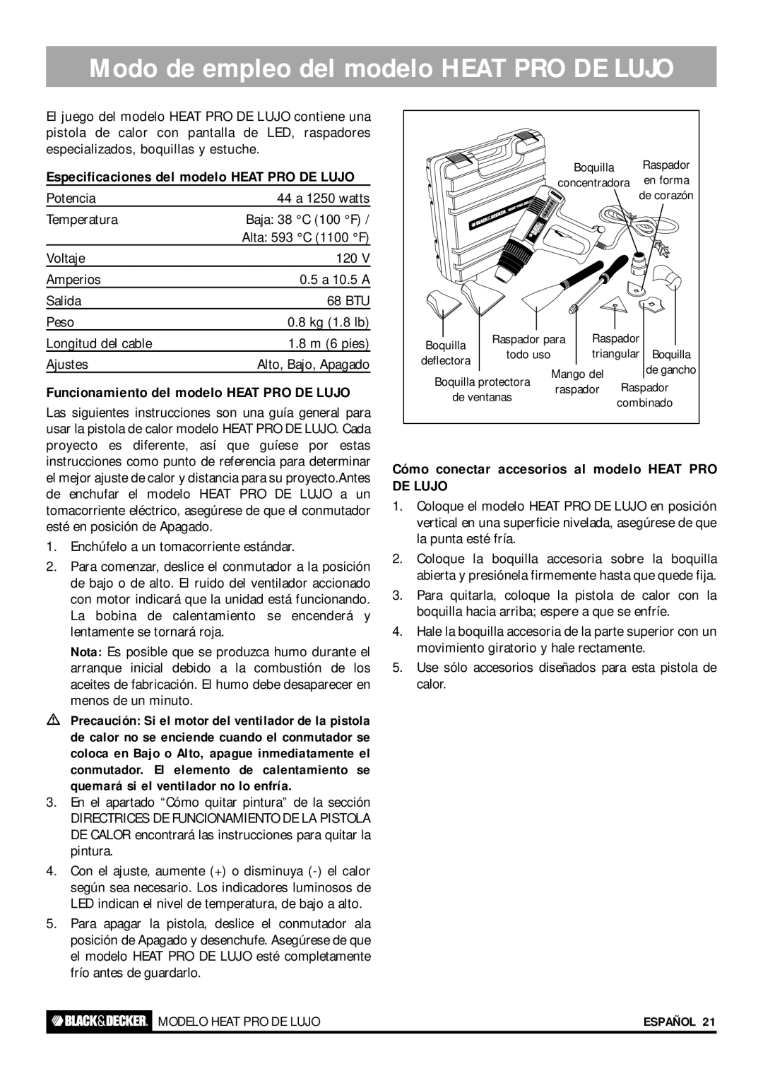 Black & Decker HEAT PRO Modo de empleo del modelo Heat PRO DE Lujo, Cómo conectar accesorios al modelo Heat PRO DE Lujo 
