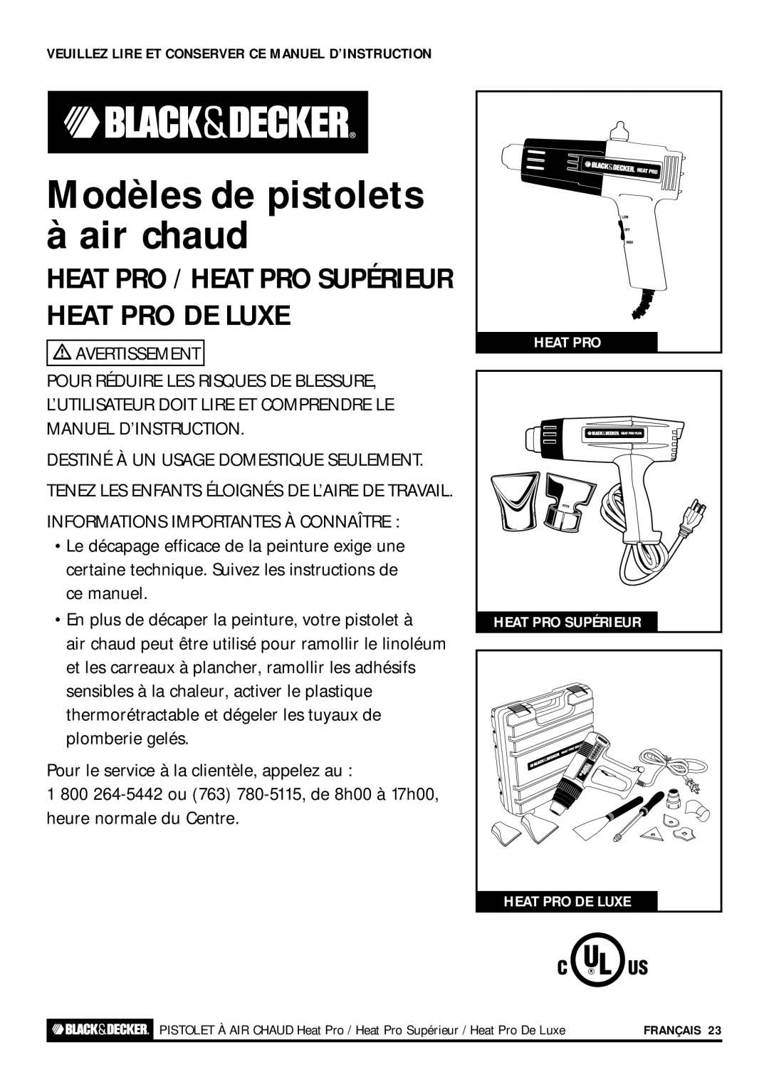 Black & Decker HOT AIR TOOL, HEAT PRO PLUS, HEAT PRO DELUXE instruction manual Modèles de pistolets à air chaud 