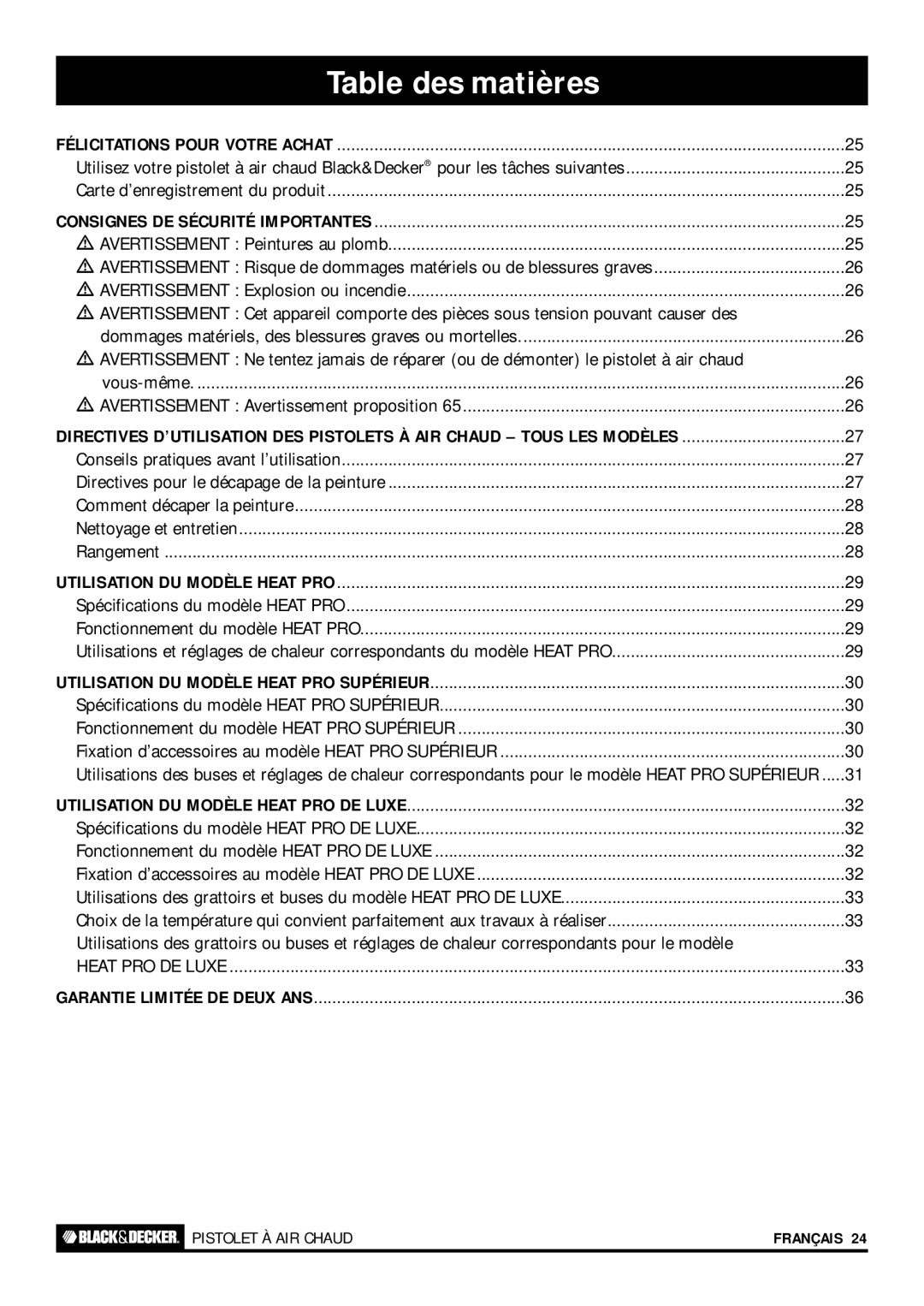 Black & Decker HEAT PRO PLUS, HEAT PRO DELUXE, HOT AIR TOOL Table des matières, Avertissement Avertissement proposition 