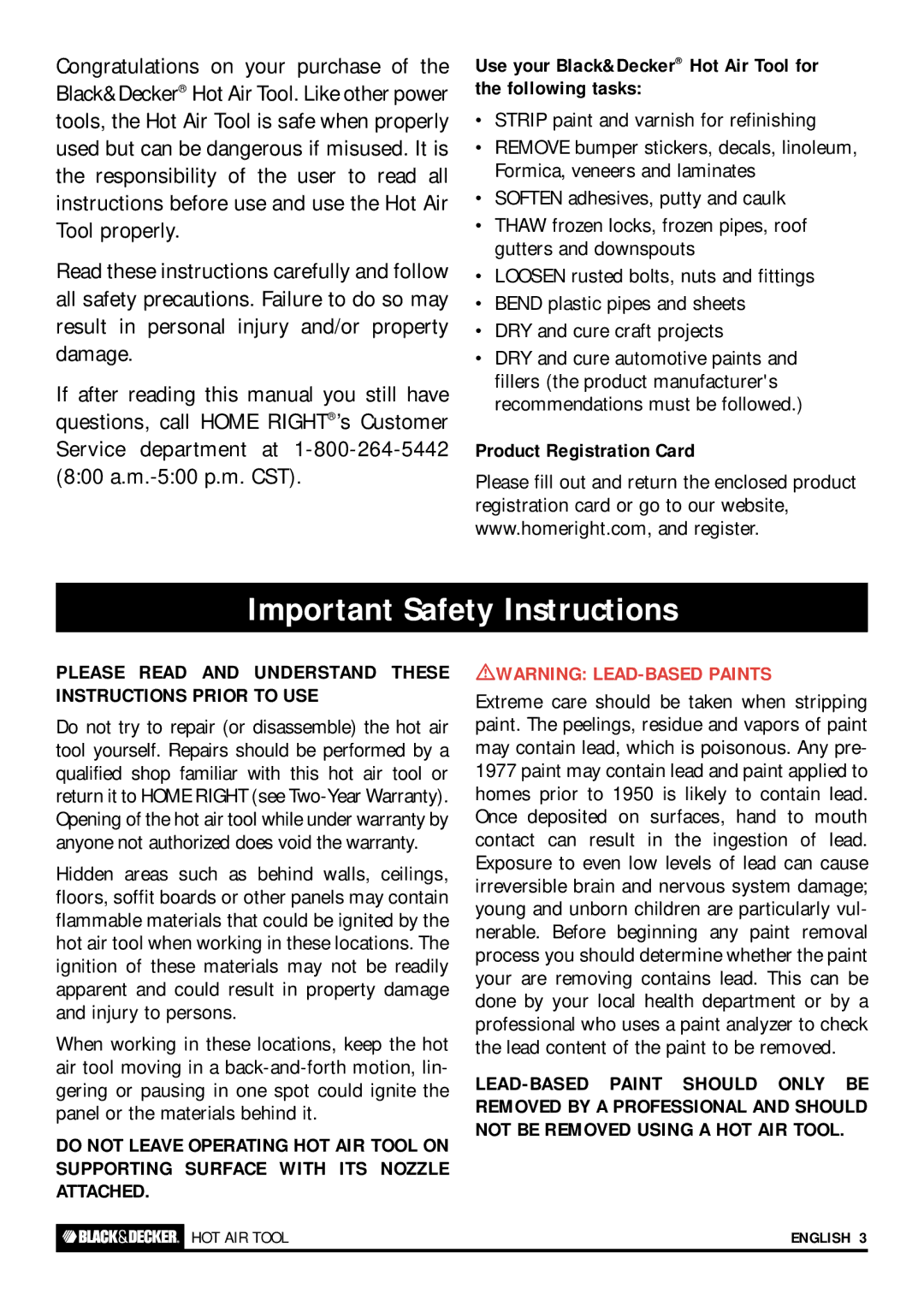 Black & Decker HOT AIR TOOL Important Safety Instructions, Use your Black&Decker Hot Air Tool for the following tasks 