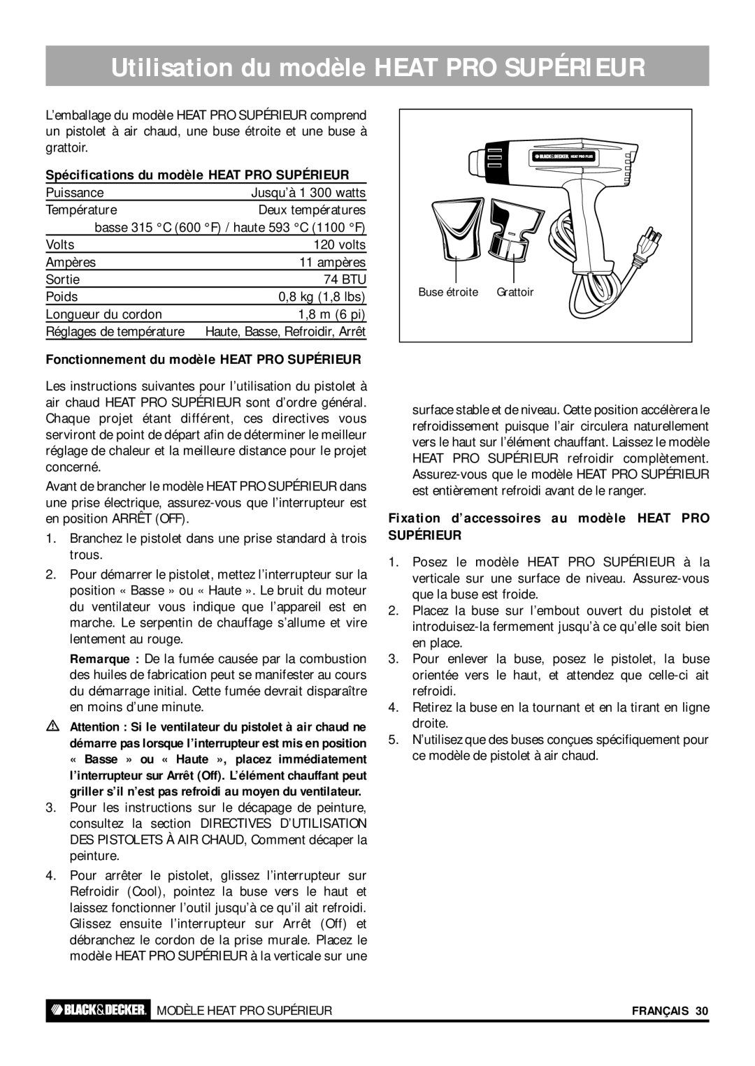 Black & Decker HEAT PRO DELUXE Utilisation du modèle Heat PRO Supérieur, Spécifications du modèle Heat PRO Supérieur 