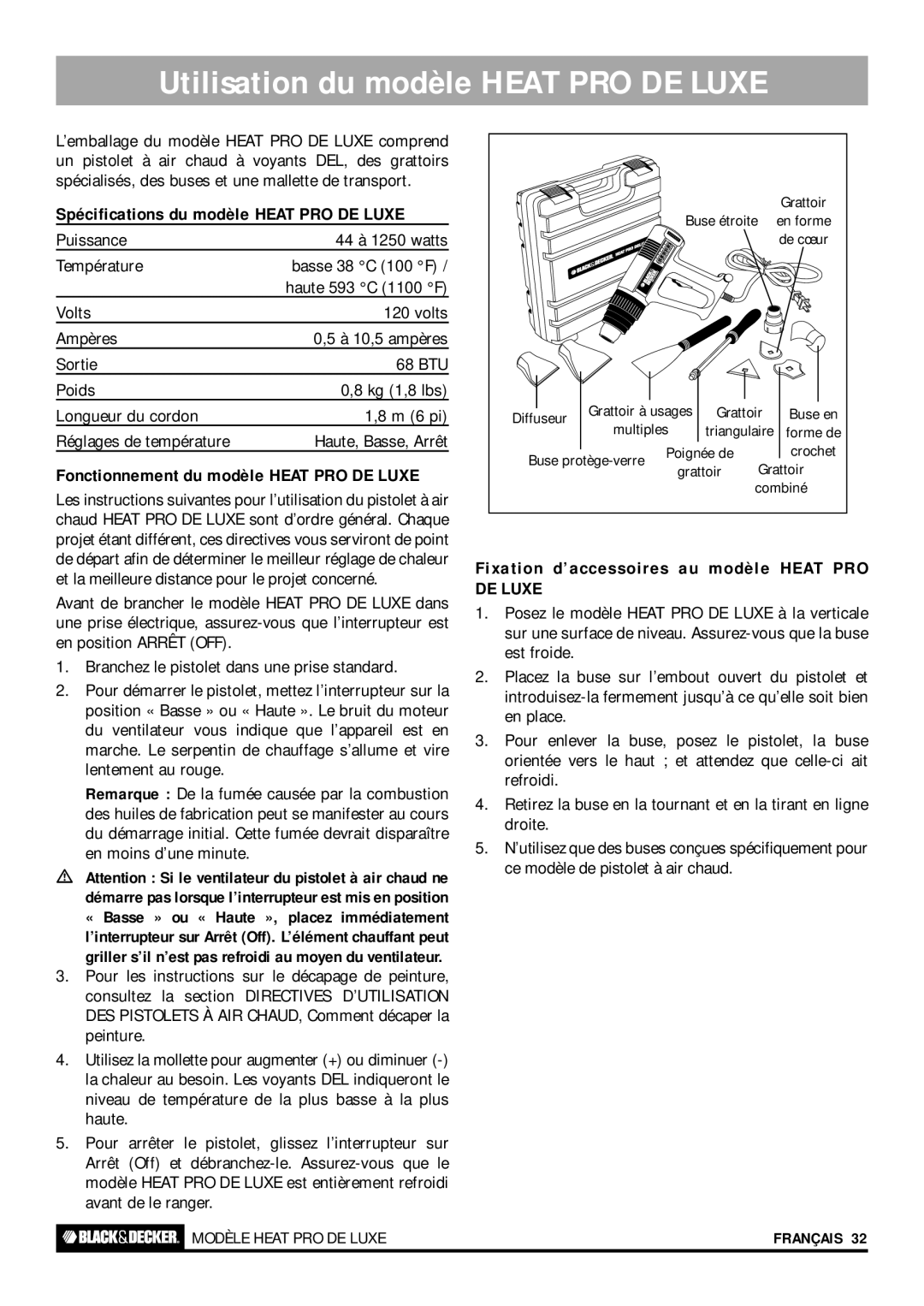 Black & Decker HEAT PRO PLUS Utilisation du modèle Heat PRO DE Luxe, Spécifications du modèle Heat PRO DE Luxe 