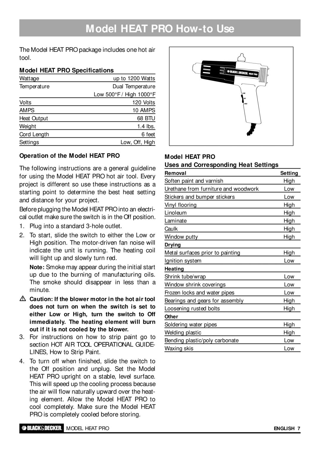 Black & Decker HOT AIR TOOL, HEAT PRO PLUS, HEAT PRO DELUXE Model Heat PRO How-to Use, Removal, Drying, Heating, Other 