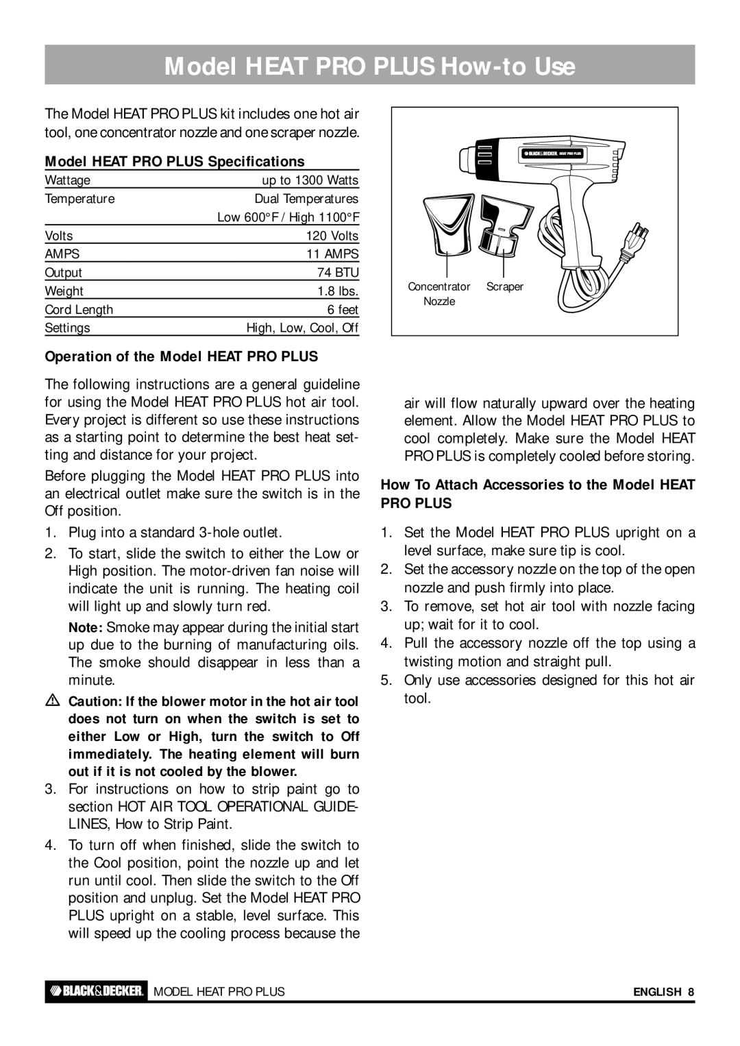 Black & Decker HEAT PRO PLUS, HEAT PRO DELUXE Model Heat PRO Plus How-to Use, Model Heat PRO Plus Specifications 