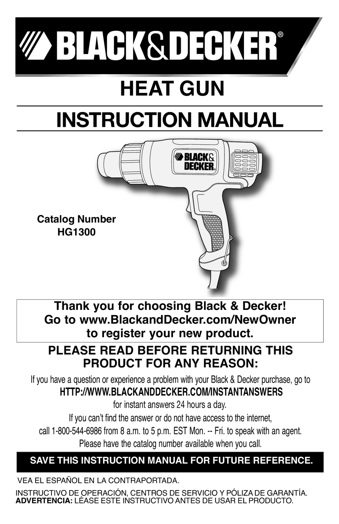 Black & Decker HG1300 instruction manual Heat GUN 