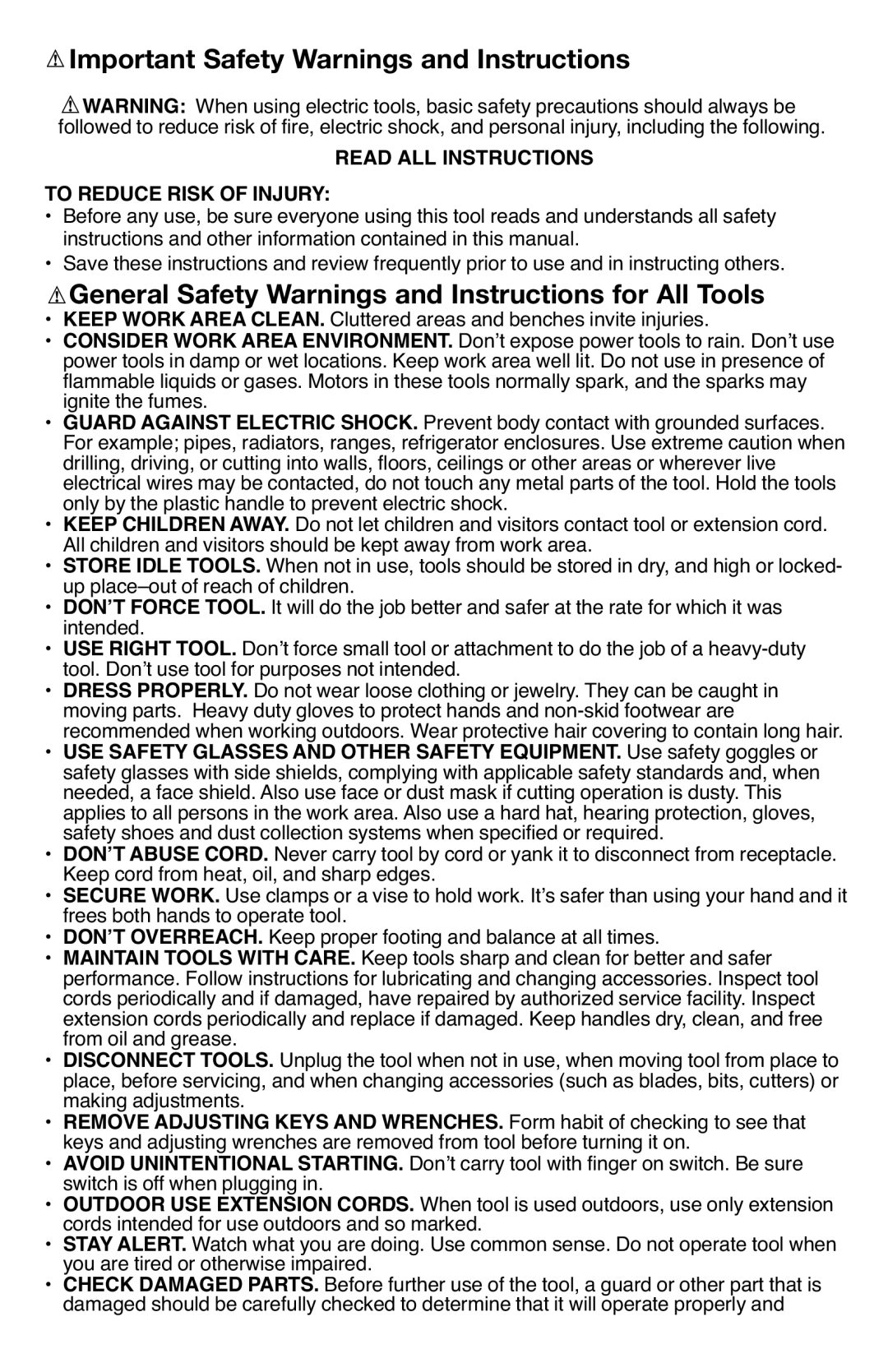 Black & Decker HG1300 Important Safety Warnings and Instructions, To Reduce Risk of Injury Read ALL Instructions 