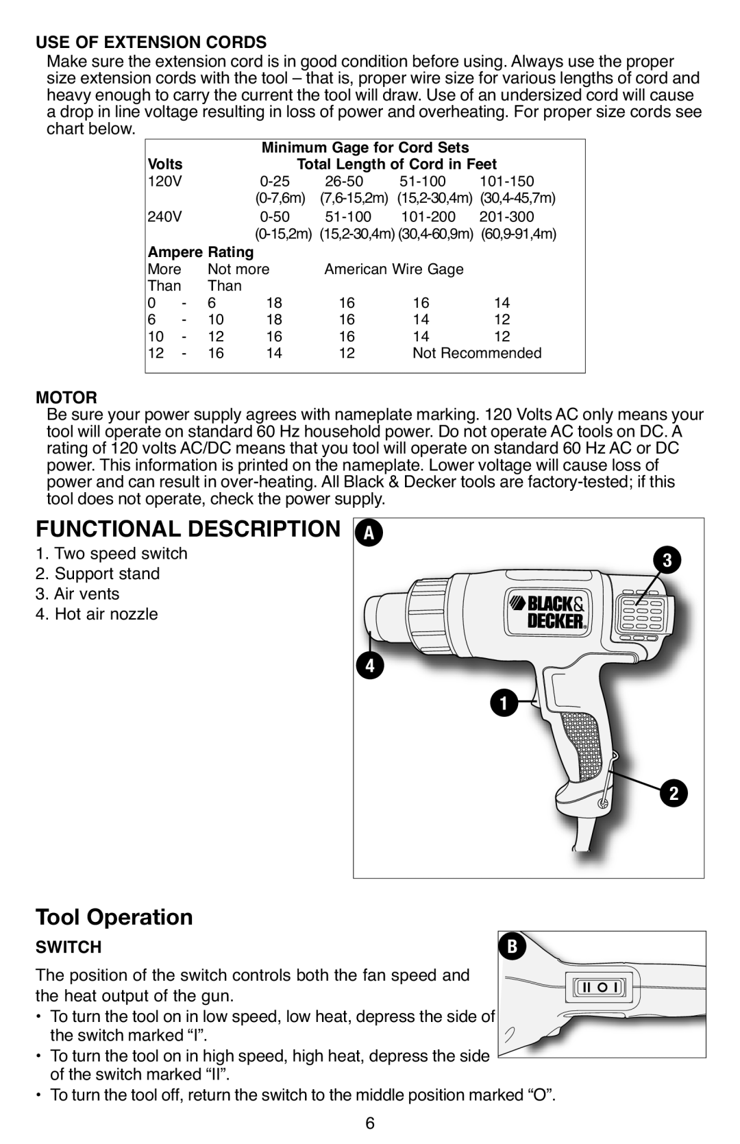 Black & Decker HG1300 instruction manual Tool Operation, USE of Extension Cords, Motor, Switchb 