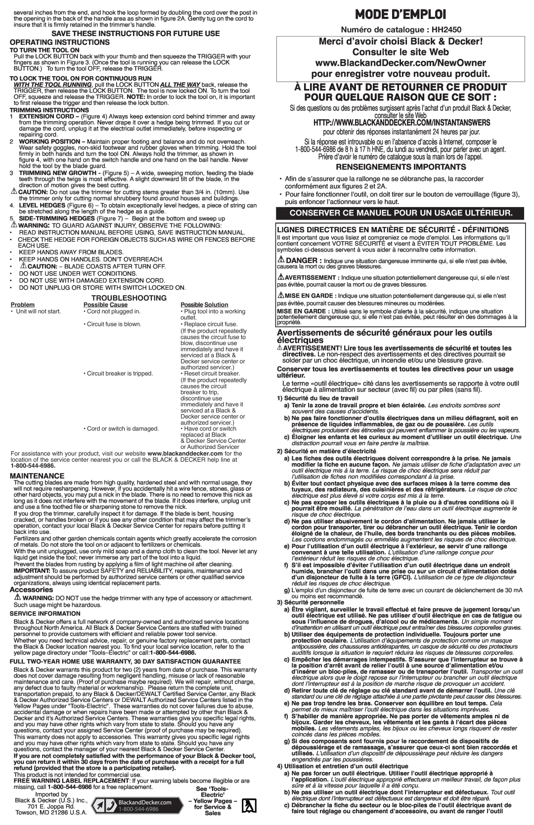 Black & Decker HH2450 instruction manual Consulter le site Web, Renseignements Importants, Mode D’Emploi 